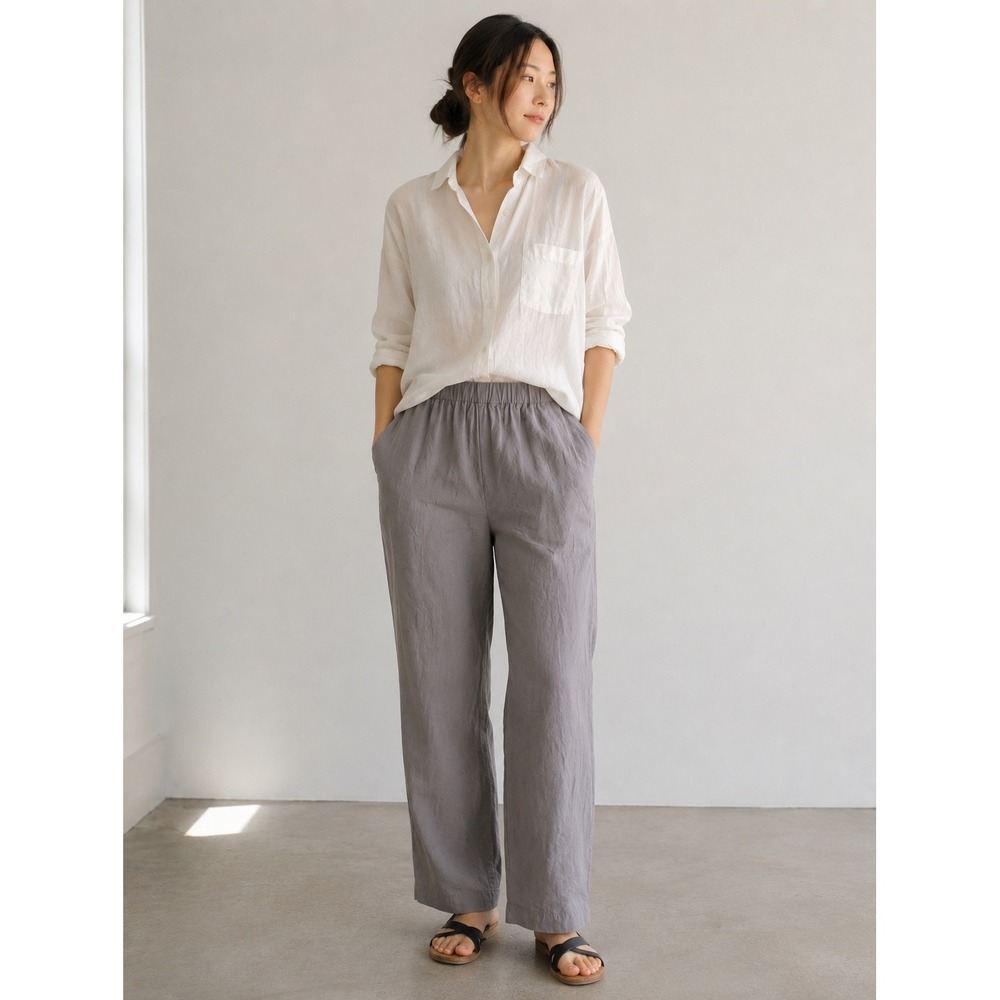 Muji Womens French Linen Wide Leg Pants Charcoal Grey Elastic Waist- M